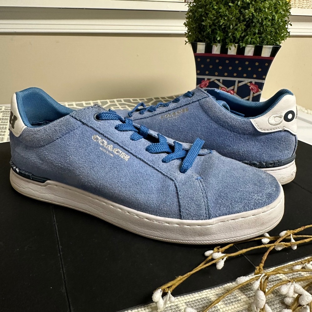 COACH Clip Low Top Embroidered Logo Sneakers Racer Blue Suede Sz 8D MENS US - Picture 1 of 9